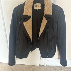 Reiss Leather Bomber Jacket with Shearling Collar